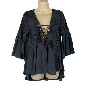 Flowers Of Romance Womens Blouse Black Bell Sleeve V Neck Tassel Embroidered XS